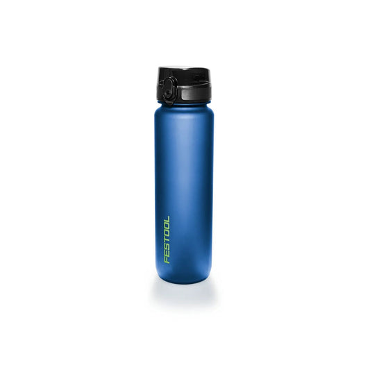 Festool Trinkflasche TFL-FT1 in Blau mit schwarzem 1-Klick Verschluss, Frontansicht