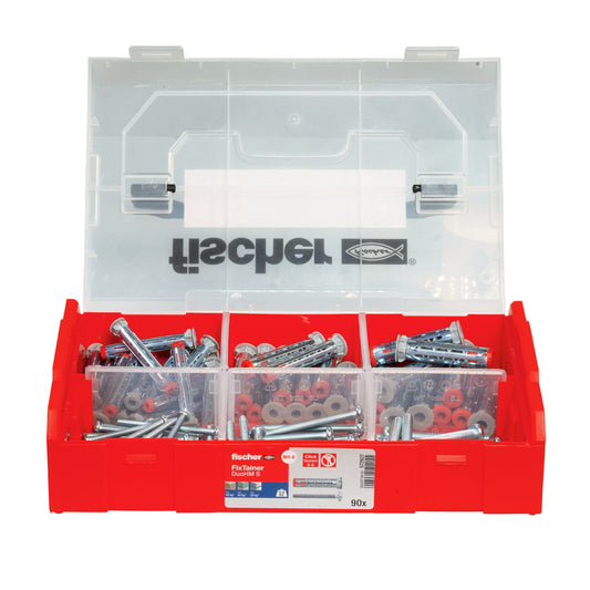 Fischer DuoHM Hohlraumdübel-Set geöffnet – 90-teilige Sortimentsbox mit Metall-Nylondübeln und Schrauben