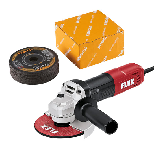FLEX Winkelschleifer L 850 im Set mit 25 Rhodius XT70 Trennscheiben – kraftvolles Trennen von Metall, ideal für professionelle Schleifarbeiten.
