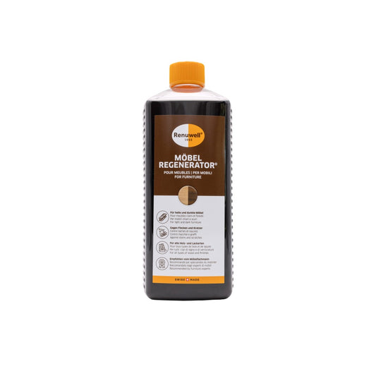 Renuwell Möbel Regenerator Flasche 500ml mit orangem Verschluss, Holzpflege für helle und dunkle Möbel