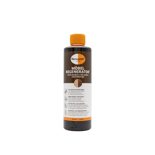 Renuwell Möbel Regenerator Flasche mit orangegelbem Deckel, Holzpflege für helle und dunkle Möbel