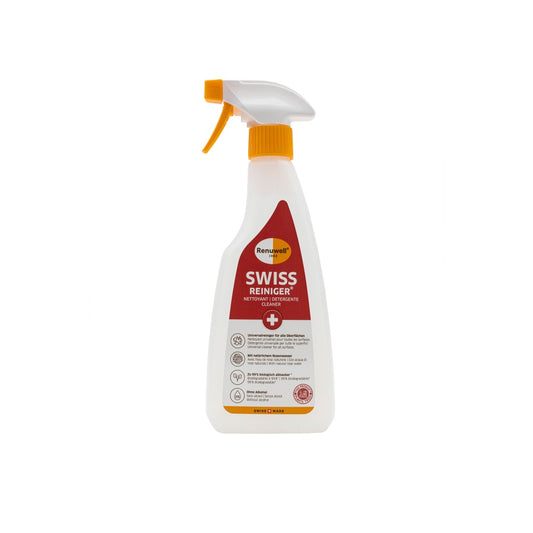 Renuwell SWISS REINIGER Universalreiniger im Sprühflächenformat mit oranger Sprühpumpe und rotem Etikett.