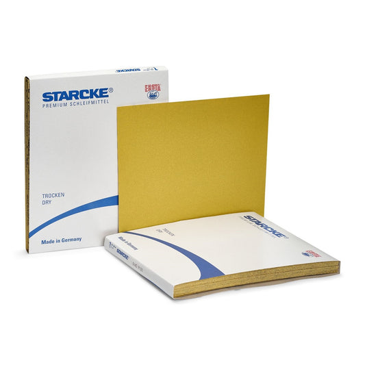 STARCKE Schleifbögen 514 230x280 mm gelb, Verpackung und einzelner Schleifbogen sichtbar
