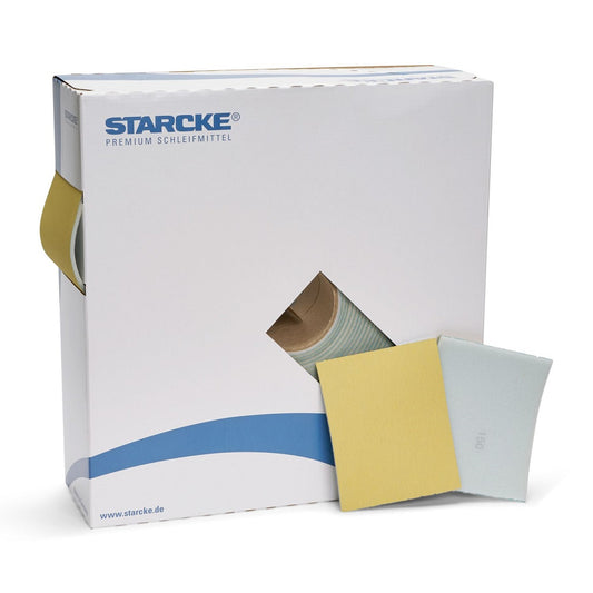 STARCKE Schleifrolle 514C/NF Gold mit Schaumstoffrücken und perforiertem Schleifpapier in Verpackung.