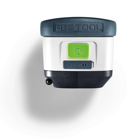 Festool Digitalradio SYSROCK BR 10 DAB+ Vorderansicht mit grünem Power-Knopf und AUX-IN-Anschluss