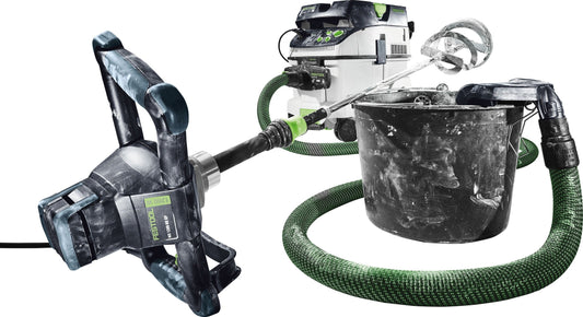 Festool Absaugung MX-A mit Rührwerk, Absaugmobil und Absaugschlauch in Anwendung beim Anrühren von Pulver in Eimer