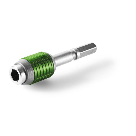 Festool Schnellwechsel-Bithalter BHS 60 CE mit grünem CENTROTEC-Magnetbithalter und Hex-Antrieb, Frontansicht.