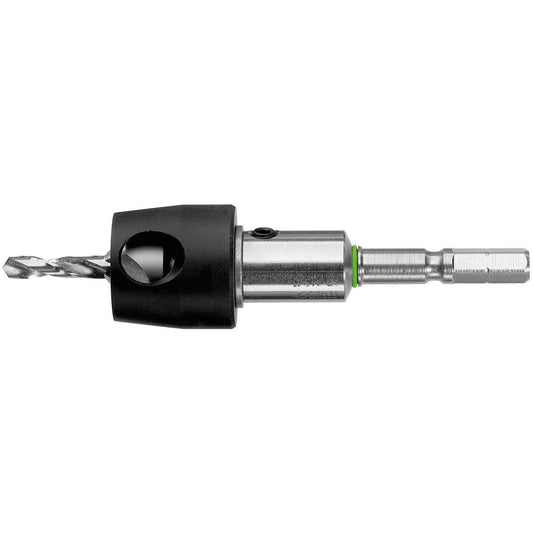 Festool Bohrsenker BSTA HS CE mit schwarzem Kunststoffschaft, Metallzylinder, grünem Ring und Spiralbohrer