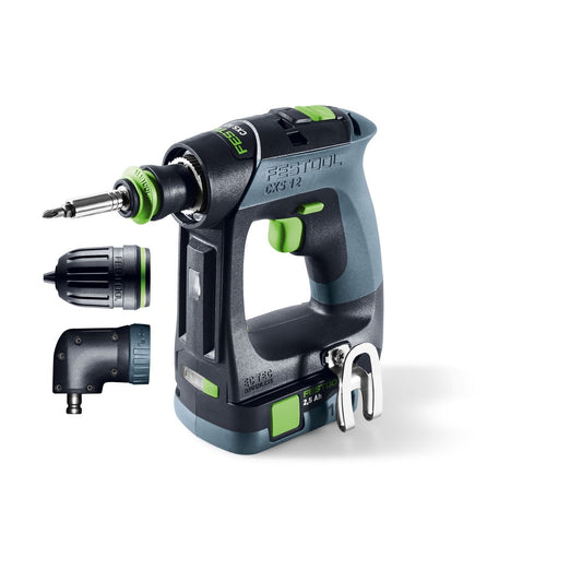 Festool CXS 12 Akku-Bohrschrauber mit FastFix-Wechselchuck, Winkelaufsatz und 2,5-Ah-Akku im Set