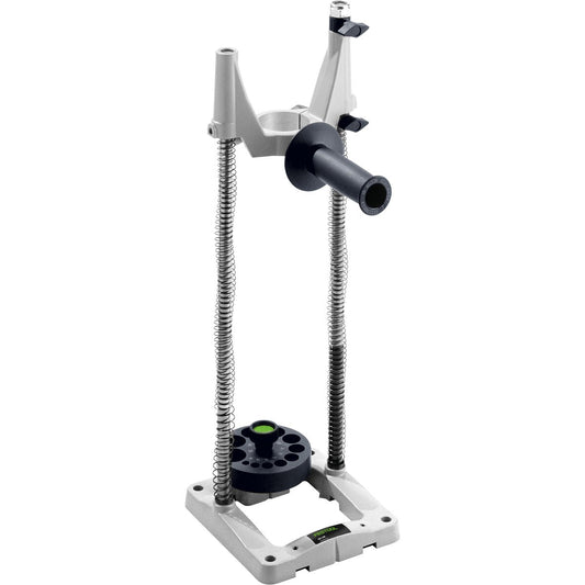 Festool Zimmerei-Bohrständer GD 320 Hauptansicht mit Stahlgrundplatte, Führungsschlitten und Drehbohrerführungsteller.