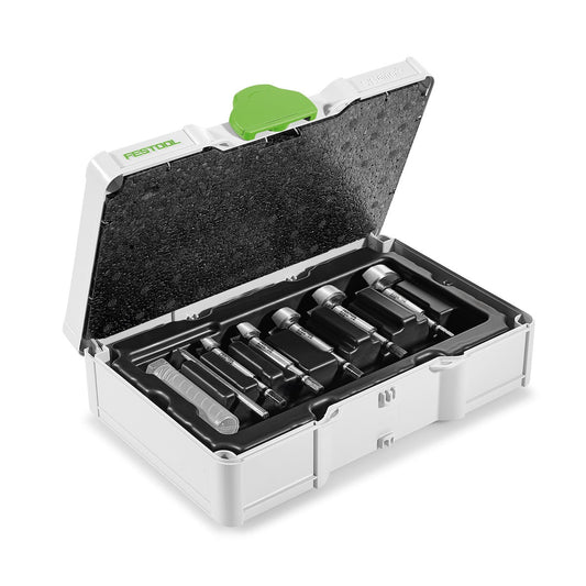 Festool Forstnerbohrer-Set SYS3 S 76-FB im geöffneten Systainer mit 5 Bohrern und Zentrierbohrer