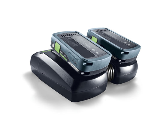 Festool TCL 6 DUO Schnellladegerät mit zwei Akkus in Ladeschächten, LED-Anzeigen, Wandmontage.