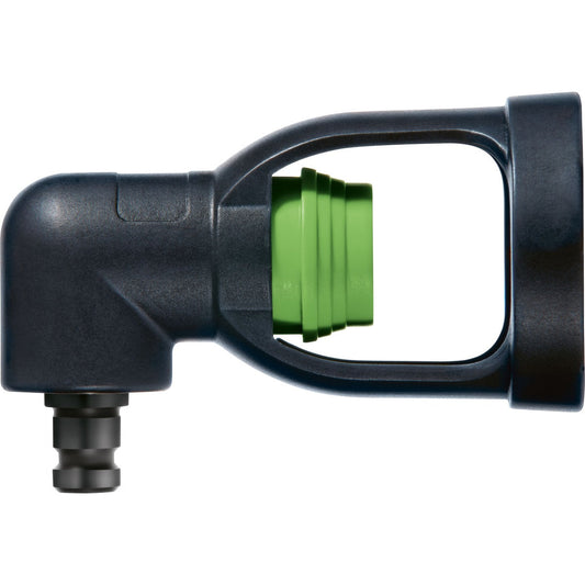 Festool Winkelvorsatz XS-AS mit grüner FastFix-Aufnahme, Ansicht von vorn mit 90-Grad-Winkelkopf für Bohr- und