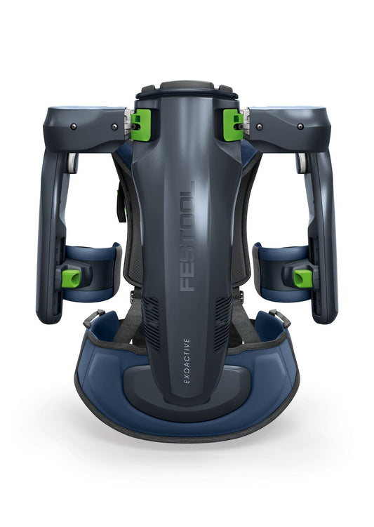 Festool ExoActive EXO 18-Basic Exoskelett Rückansicht mit grünen Akku-Halterungen und blauem Tragesystem