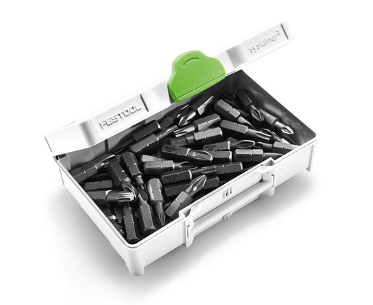 Festool Systainer³ SYS3 XXS 33 GRY mit Bits und Zubehör in weißer Box mit grünem Deckel