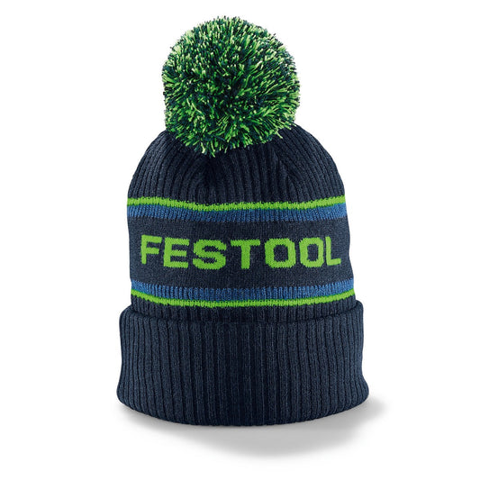Festool Bommelmütze WINH-FT1 Dunkelblau mit grünem Bommel und Streifen, Festool-Logo
