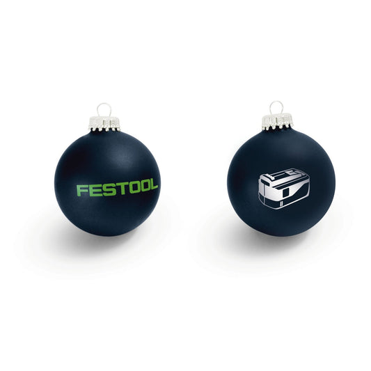 Festool Weihnachtskugeln WK-FT3 dunkelblau mit Logo und Systainer-Motiv, Vorder- und Rückseite