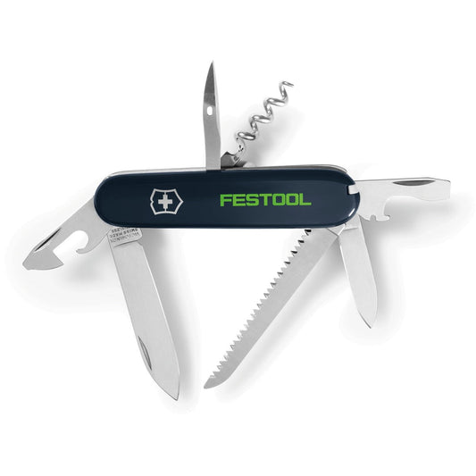 Festool Taschenmesser Victorinox TM-FT1 mit 13 Funktionen, dunkelblaue Griffschalen, Klinge, Säge und Korkenzieher sichtbar.