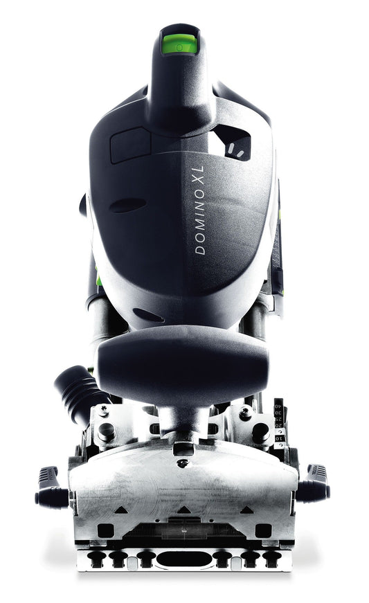 Festool DOMINO XL DF 700 EQ-Plus Dübelfräse Frontansicht mit grüner Wasserwaage und Pendelfräs-Kopf