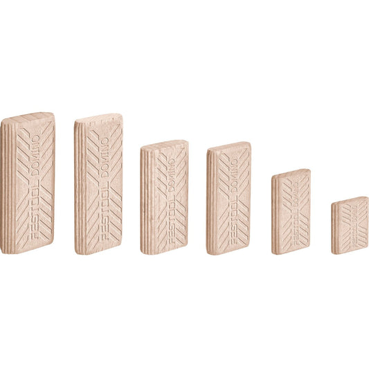 Festool DOMINO Dübel Buche in verschiedenen Größen, Massivholz mit Längsrillen und Größenangaben.