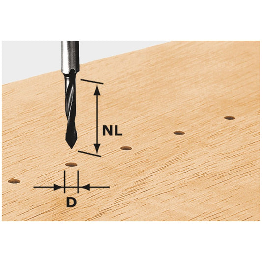 Festool Durchgangsbohrer HW S8 D5/30 mit Maßangaben für Schaftdurchmesser D und Schnitttiefe NL in Holz