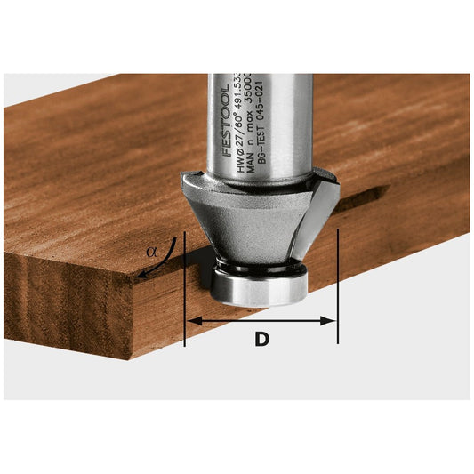 Festool Fasefräser HW beim Fräsen einer Fase an Holzkante, Durchmesser D und Fase a gekennzeichnet.