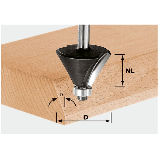 Festool Fasefräser HW mit Hartmetallschneide beim Fräsen einer Fase an Holzkante, Technische Zeichnung mit Maßangaben.