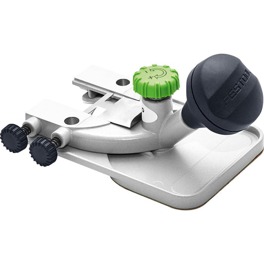 Festool Frästisch FT 0° mit grünem Feineinstellrad, Anschlagschiene und Basis-Kunststoffplatte Ansicht.