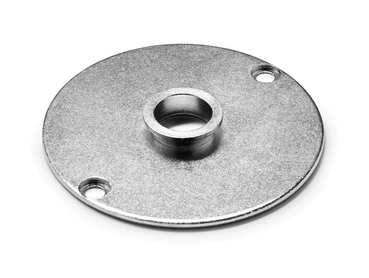 Festool Kopierring mit zentraler Bohrung und zwei Befestigungslöchern, Draufsicht auf metallic grauem Ring.