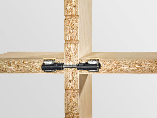 Festool Mittelseitenverbinder MSV D8/25 Verbindungsbeschlag an Holzwerkstücken mit Dübelfräsung montiert