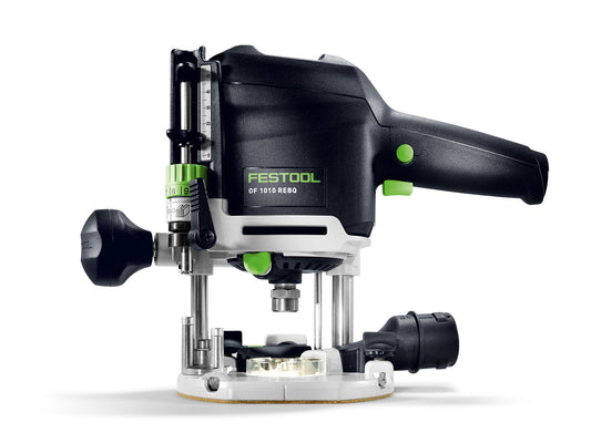 Festool Oberfräse OF 1010 REBQ mit LED-Lichtring, Frästisch und Absaugung in Seitenansicht.