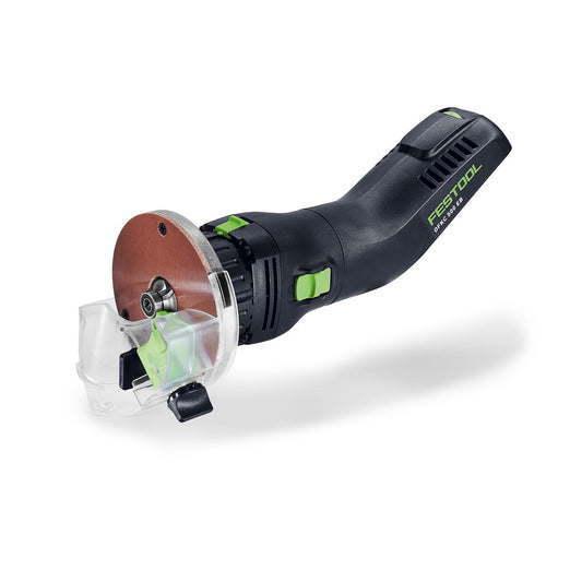 Festool Akku-Kantenfräse OFKC 500 R3 EB-Basic mit Schleifteller und transparenter Absaughaube, Seitenansicht.