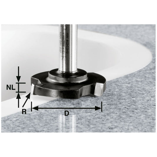 Festool Planfräser HW mit Hartmetallschneiden bei der Anwendung, technische Maßzeichnung mit Durchmesser D und Radius R.
