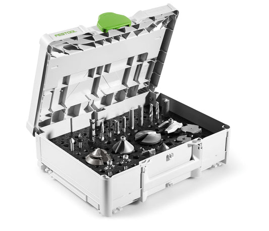 Festool Systainer³ SYS3-OF D8/D12 geöffnet mit Formschaumeinsatz und organisierten Oberfräsern
