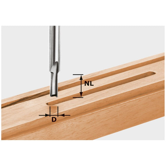Festool Nutfräser HW mit Hartmetall-Schneiden beim Fräsen von Nuten in Massivholz, Durchmesser und Schaftmaße gekennzeichnet.