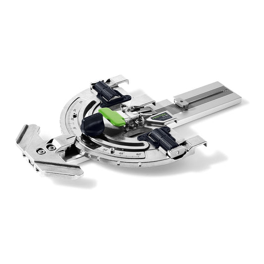 Festool Winkelanschlag FS-WA mit Schnellspannhebel, Anlegebolzen und Winkelskalenzierung für Winkelschnitte bis 60°.