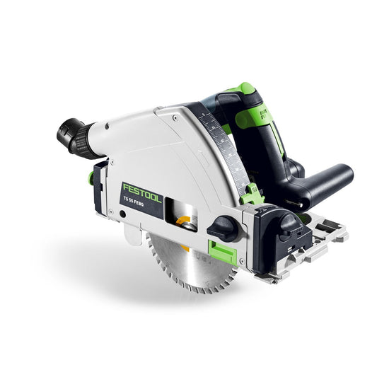 Festool TS 55 FEBQ-Plus Tauchsäge mit Sägeblatt, weiß-grün-schwarzes Design, Seitenansicht.