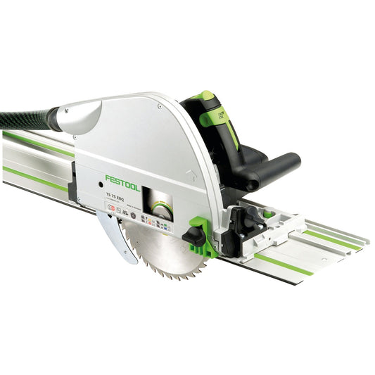 Festool Tauchsäge TS 75 EBQ mit Führungsschiene FS und Sägeblatt, Hauptansicht.