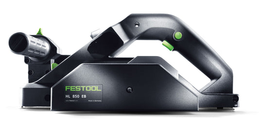 Festool Hobel HL 850 EB mit ergonomischem Griff, grünem Ein-/Aus-Schalter und Hobelbreite 82 mm Seitenansicht.