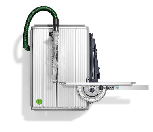 Festool Tischzugsäge PRECISIO CS 50 EBG Draufsicht mit grünem Absaugschlauch und Winkelanschlag