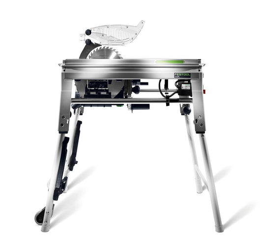 Festool Tischzugsäge PRECISIO CS 70 EG Gesamtansicht mit Sägeblatt, Zugfunktion und weißem Maschinentisch