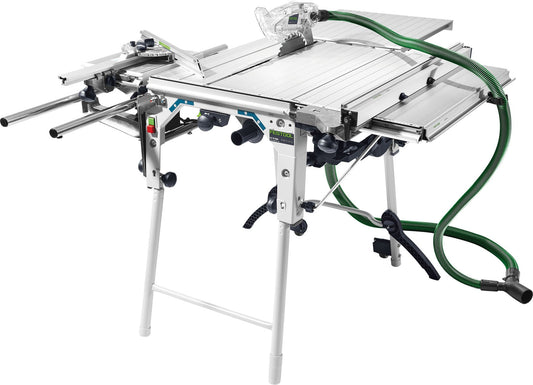 Festool Tischverbreiterung CS 70 VB mit Sauganlage und Anschlagvorrichtung an Tischzugsäge montiert