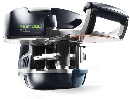 Festool Kantenanleimer KA 65 mit geöffnetem Patronenleimsystem und Schleifkante, Seitenansicht