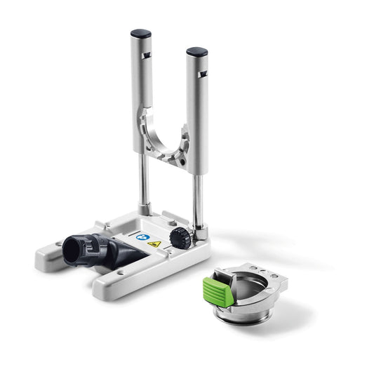 Festool Ansetzhilfe OSC-AH mit zwei Führungsstangen, Absaugvorrichtung und grünem Adapter für Oszillierer.
