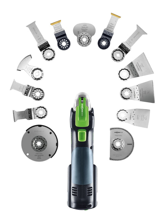 Festool OSC 18 Akku-Oszillierer mit Spachtel SSP 52 und umfangreichen Zubehörsätzen im Überblick.