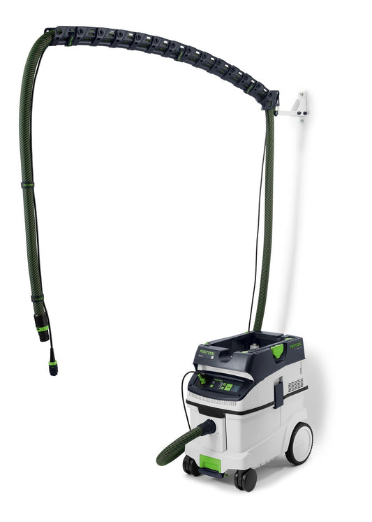Festool Absaugarm CT-ASA FLX W mit Schlauchführung, Kettenglieder und Absaugmobil in Werkstattansicht.