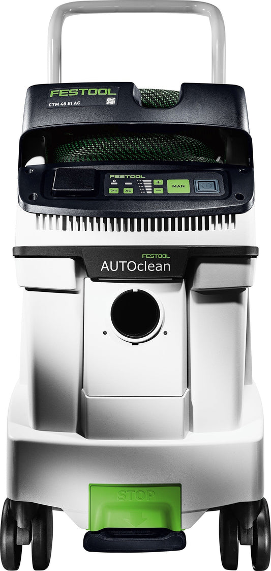 Festool Absaugmobil CLEANTEC CTM 48 EI AC mit AUTOCLEAN Filterabreinigung, Frontansicht mit Bedienfeld und grünem