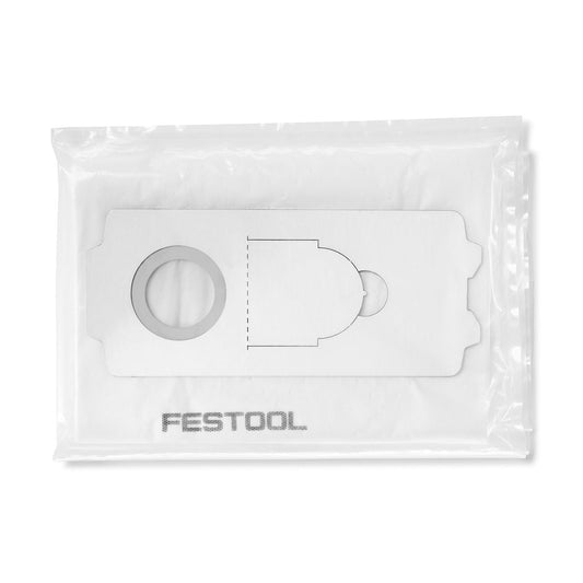 Festool Sicherheitsfiltersack in Verpackung mit Verschlussklappe und Kabelbinder für staubarme Entsorgung.