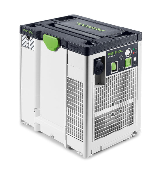 Festool Luftreiniger SYS-AIR H Systainer mit weißem Gehäuse, schwarzem Deckel und grünen Bedienelementen, Frontansicht