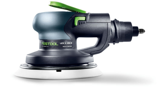 Festool Druckluft-Exzenterschleifer LEX 3 150/5 mit Schleifteller und grünem Absaugstutzen, Seitenansicht